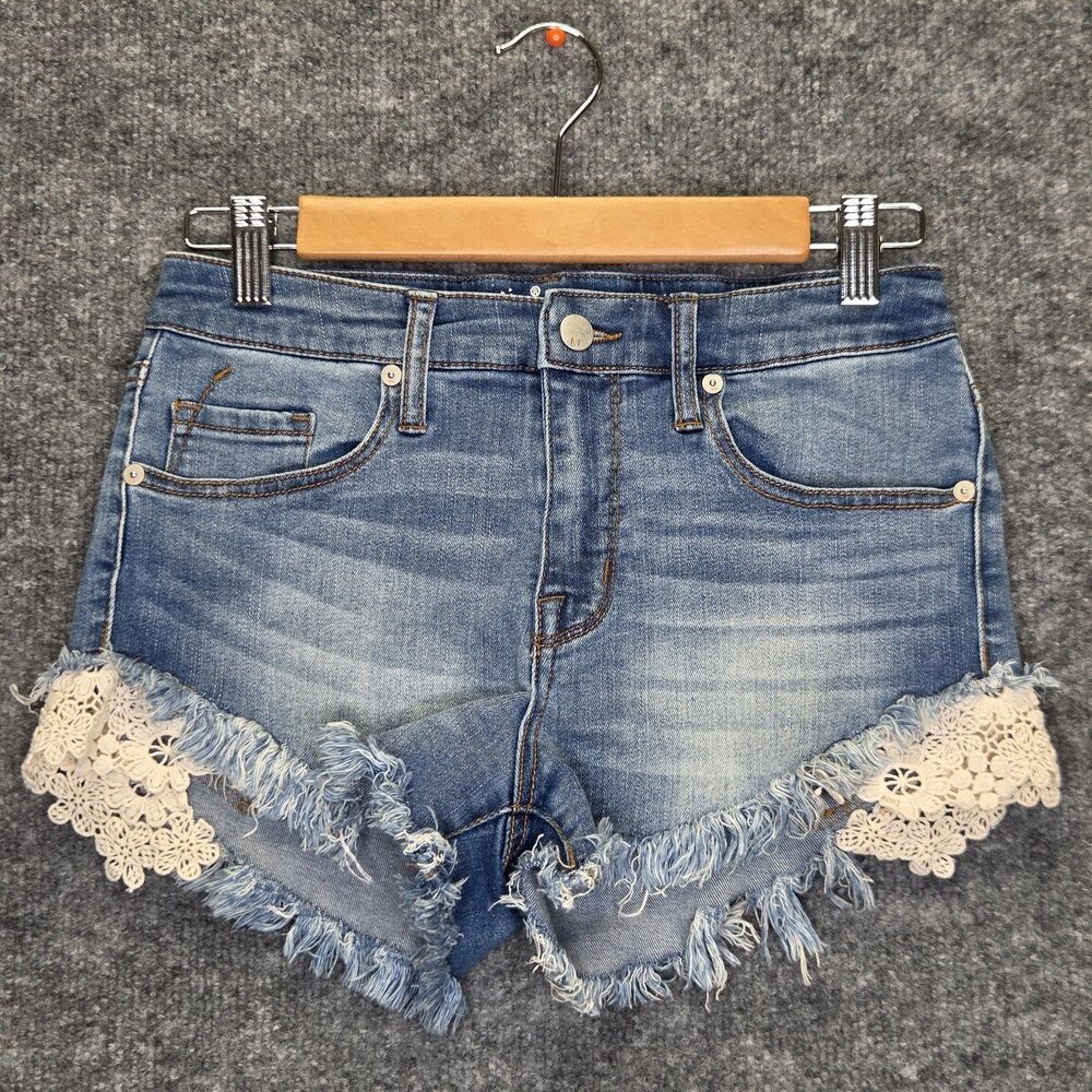Mossimo Shorts Women 4 Blue Denim High Rise Cutoff Lace Trim Fringe Hem Mallcore
